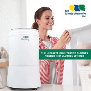 The Laundry Alternative Drop Compact Washer on a countertop with a stainless steel drum and drain hose