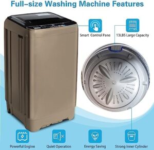 Anukis Fully Automatic Portable Washing Machine, gold color, compact, 13 lbs capacity, with drain pump and water level adjustments