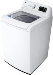 LG WT7100CW 5.2 cu.ft Top Load Washer with 6Motion Technology in a modern laundry room, showcasing its sleek design and large capacity.