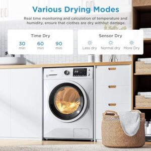 Midea 24 Inch Washer and Dryer Combo, all in one ventless washing machine with steam care, 1400 RPM spin speed, 16 cycles, and overnight dry feature.