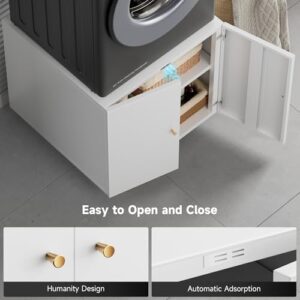 Laundry Pedestal with Door and Adjustable Shelf White Washer and Dryer Stand with Storage 