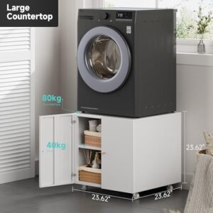 Laundry Pedestal with Door and Adjustable Shelf White Washer and Dryer Stand with Storage 