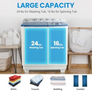 Portable washing machine with twin tub, 24lbs washer, and 16lbs spinner for apartments, dorms, and RVs