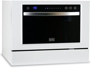 BLACK+DECKER BCD6W Dishwasher on a countertop with clean dishes and a modern kitchen background
