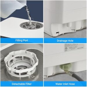 Portable Dishwasher Countertop with 5L water tank, 5 washing programs, and 360° dual spray