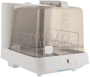 Headry Modern Visible Countertop Dishwasher with built-in 1.59-gallon water tank, 3 cleaning modes, and 360° rotating spray in brown and white.  