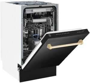 ZLINE Autograph Edition 18" Compact Dishwasher in Black Stainless Steel with Gold Handle, showcasing its sleek design and modern features.