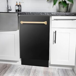 ZLINE Autograph Edition 18" Compact Dishwasher in Black Stainless Steel with Gold Handle, showcasing its sleek design and modern features.