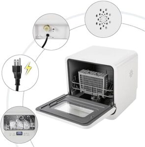 Countertop dishwasher on a kitchen counter with clean dishes, compact and portable design