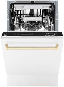 ZLINE Autograph Edition 18" Compact Dishwasher in White Matte with Gold Handle, featuring sleek design and quiet operation