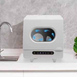 110V 800W Mini Portable Dishwasher on a countertop, showcasing its compact design and multiple cleaning modes  