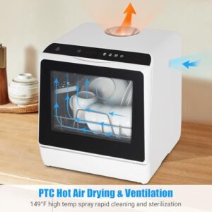 Portable dishwasher with 5L water tank, 360° dual spray, and air-dry function