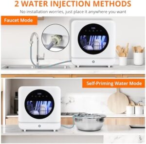 Compact Countertop Dishwasher with dual water inlet methods and air drying function, perfect for kitchens and RVs