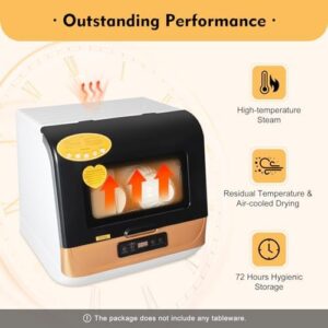 DYRABREST Countertop Dishwasher with 5L capacity, 360° dual spray, and high-temperature cleaning feature