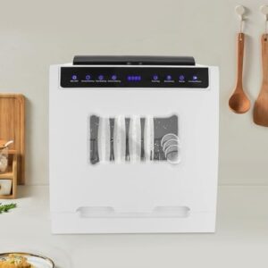 Countertop white portable mini dishwasher with 4 washing modes, drying function, and detachable dish rack.
