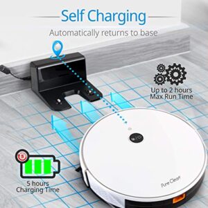 Pure Clean Robotic Vacuum Cleaner with 1100Pa suction, Wifi app control, and gyroscope mapping for efficient cleaning on carpets and hardwood floors