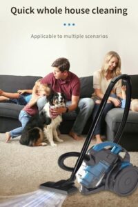Powerful Bagless Cylinder Vacuum Cleaner on a white background, showcasing its compact design and easy-to-empty dust container