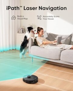 eufy L60 Robot Vacuum on a hard floor, showcasing its 5,000 Pa suction power and iPath Laser Navigation