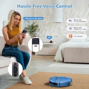 Robot Vacuum and Mop Combo, perfect for hard floors, pet hair, and low pile carpets with strong suction and app control