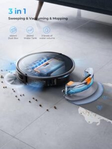 Robot vacuum cleaner with 4500Pa suction, mopping, and auto carpet boost functionality.