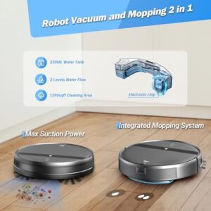 Robot Vacuum and Mop Combo with powerful suction, ideal for pet hair, hard floors, and low-pile carpet.