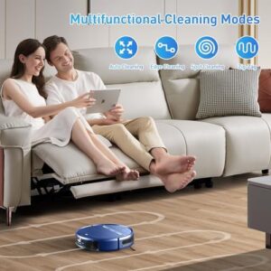 Robot Vacuum and Mop Combo on a hardwood floor, showcasing its slim design and cleaning ability