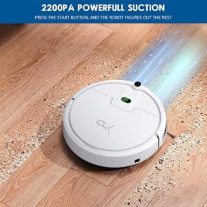 Robot vacuum cleaner with 2500Pa suction, ideal for hard floors and low-pile carpets, featuring self-charging and tangle-free design.