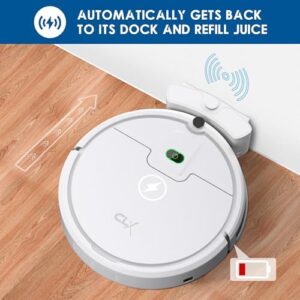 Robot vacuum cleaner with 2500Pa suction, ideal for hard floors and low-pile carpets, featuring self-charging and tangle-free design.