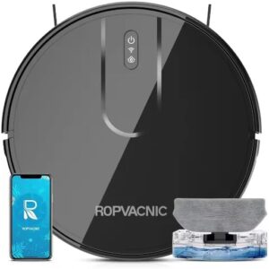 OCMC Black Robot Vacuum Cleaner and Mop Combo in action on a hardwood floor  