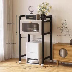 Robot vacuum cleaner storage rack with drawer in a sleek black finish, offering efficient organization for your home.