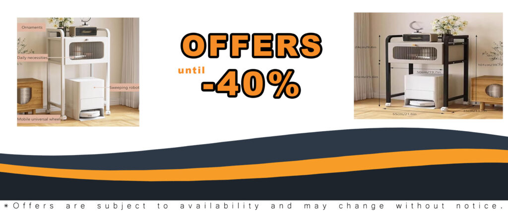 Robot vacuum cleaner storage rack with drawer in a sleek black finish, offering efficient organization for your home.