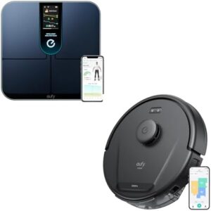 eufy L60 Robot Vacuum and eufy by Anker Wi-Fi Fitness Tracking Smart Scale P3 bundle on a clean floor  