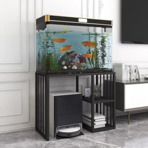 Metal side table with storage, black 70cm, with 3 layers for office, fish tank, and robot vacuum