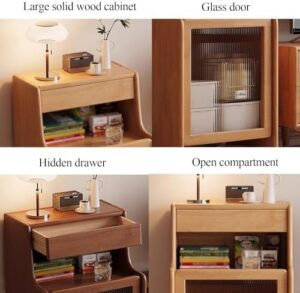 Storage cabinet with doors and drawers in brown wood, designed for robot vacuum storage with removable shelves  