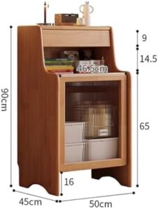 Storage cabinet with doors and drawers in brown wood, designed for robot vacuum storage with removable shelves  