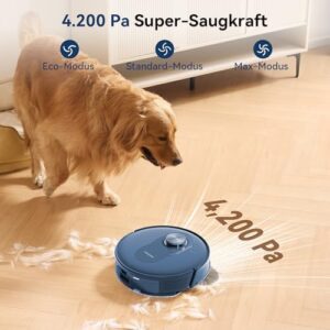 Proscenic Q8 Robot Vacuum and Mop Blue cleaning on a hardwood floor 