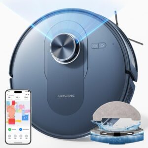 Proscenic Q8 Robot Vacuum and Mop Blue cleaning on a hardwood floor 