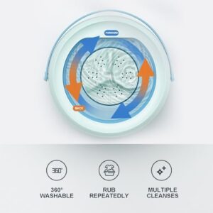 Portable washing machine in blue, ideal for small laundry loads like baby clothes and underwear, perfect for apartments, dorms, and camping.