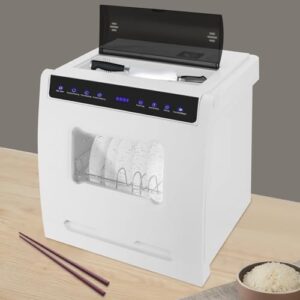 Compact white countertop dishwasher with touch control and air-dry function, ideal for small spaces