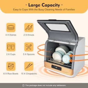 Portable Dishwasher Countertop in gold, compact design, 800W power, and 7.8L built-in water tank.