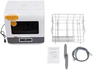 Portable Countertop Dishwasher 1200W 110V in a modern kitchen setting with 360-degree spraying action