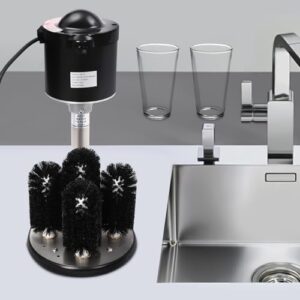 FM-01A Electric Cup Washer, silver and black, placed in a kitchen sink for cleaning wine and beer glasses.