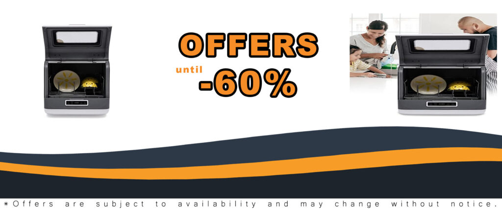 Countertop dishwasher with 360-degree automatic cleaning feature, perfect for small spaces like apartments and RVs