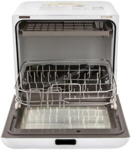 QLK-T08 800W Portable Countertop Dishwasher in white with four cleaning functions on a countertop