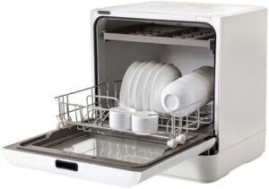 QLK-T08 800W Portable Countertop Dishwasher in white with four cleaning functions on a countertop