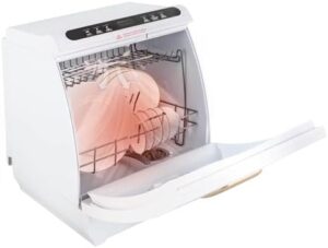 Countertop portable dishwasher with 7L water tank, 5 wash programs, and 360° dual spray arms, perfect for small spaces.