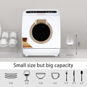Countertop portable dishwasher with 7L water tank, 5 wash programs, and 360° dual spray arms, perfect for small spaces.