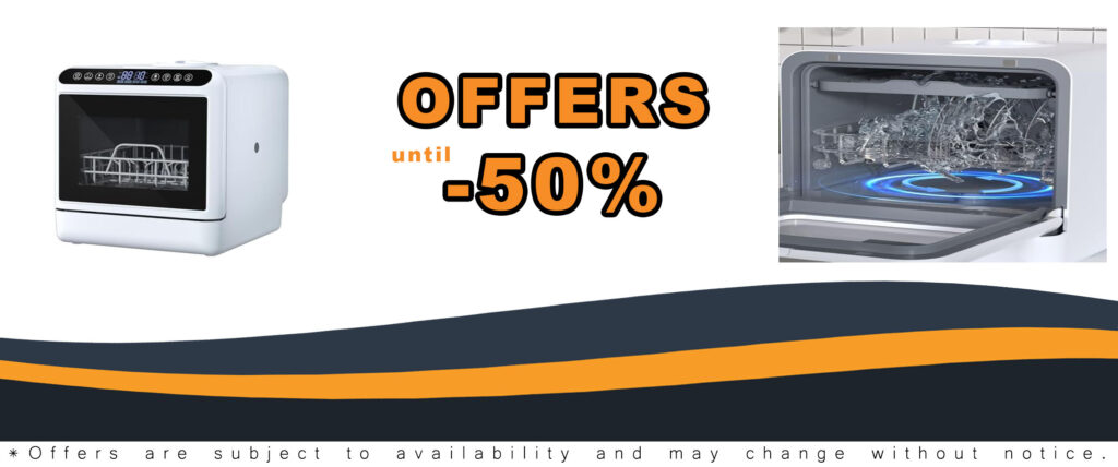 Compact white countertop dishwasher with 5L water tank, 5 wash programs, 3-spray arm, and air-dry function