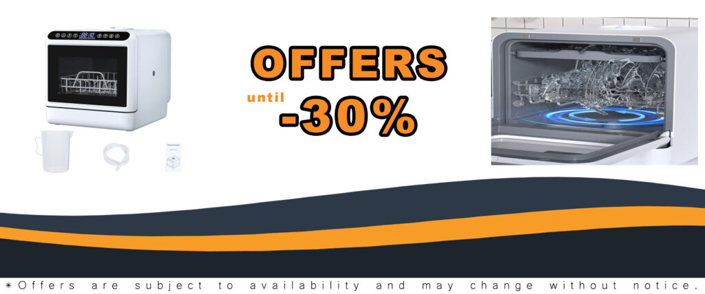 Portable dishwasher countertop with 5L water tank and 2-tier rack, ideal for small spaces.