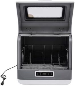 Portable countertop dishwasher for home, apartments, and RVs with three washing programs.